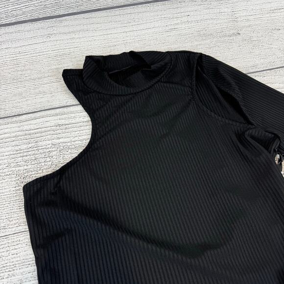 H:ours Women's Black Ribbed Mock Neck One Sleeve Cut Out Top Size Medium - Picture 2 of 7
